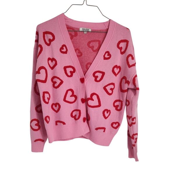 Major Label Group Pink Hearts Button Down Cardigan Sweater Womens Extra Small XS - Picture 1 of 4